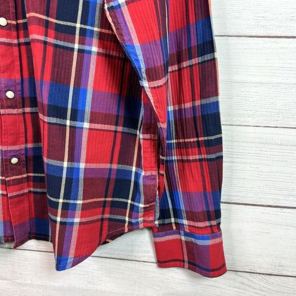 Lucky Brand Mens Medium Red Plaid Pearl Snap Button Front Western Shirt Size XL - Picture 6 of 13